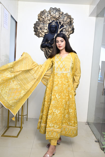 Yellow Anarkali Frock With Cotton Pent & Dupatta Set