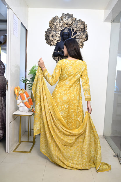 Yellow Anarkali Frock With Cotton Pent & Dupatta Set