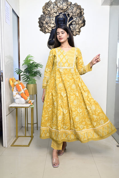 Yellow Anarkali Frock With Cotton Pent & Dupatta Set