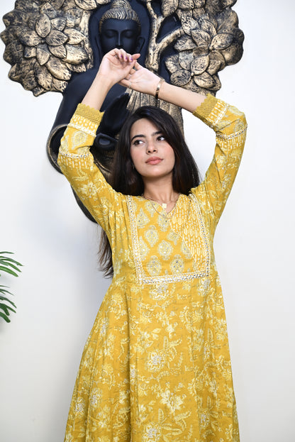 Yellow Anarkali Frock With Cotton Pent & Dupatta Set