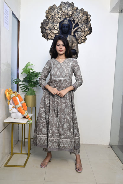 Grey Anarkali Frock With Cotton Pent & Dupatta Set