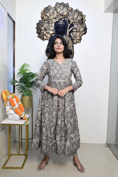 Grey Anarkali Frock With Cotton Pent & Dupatta Set