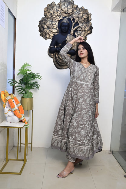Grey Anarkali Frock With Cotton Pent & Dupatta Set