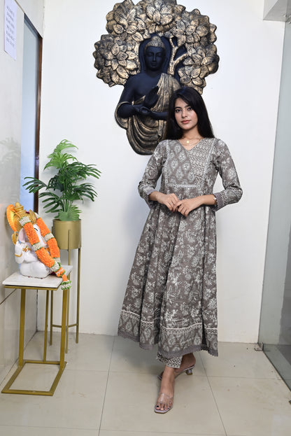 Grey Anarkali Frock With Cotton Pent & Dupatta Set