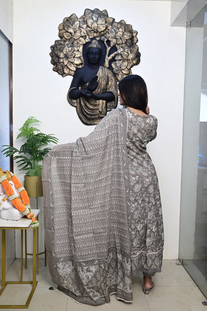 Grey Anarkali Frock With Cotton Pent & Dupatta Set