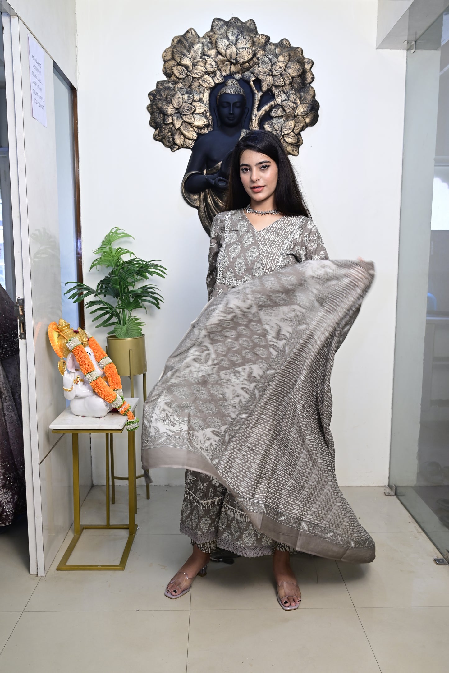 Grey Anarkali Frock With Cotton Pent & Dupatta Set