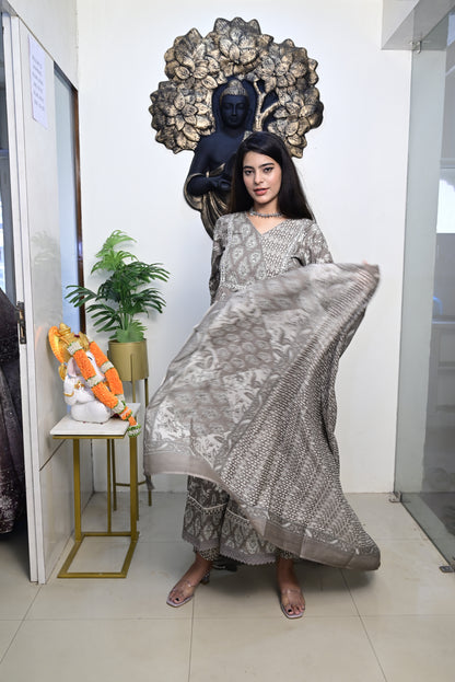 Grey Anarkali Frock With Cotton Pent & Dupatta Set