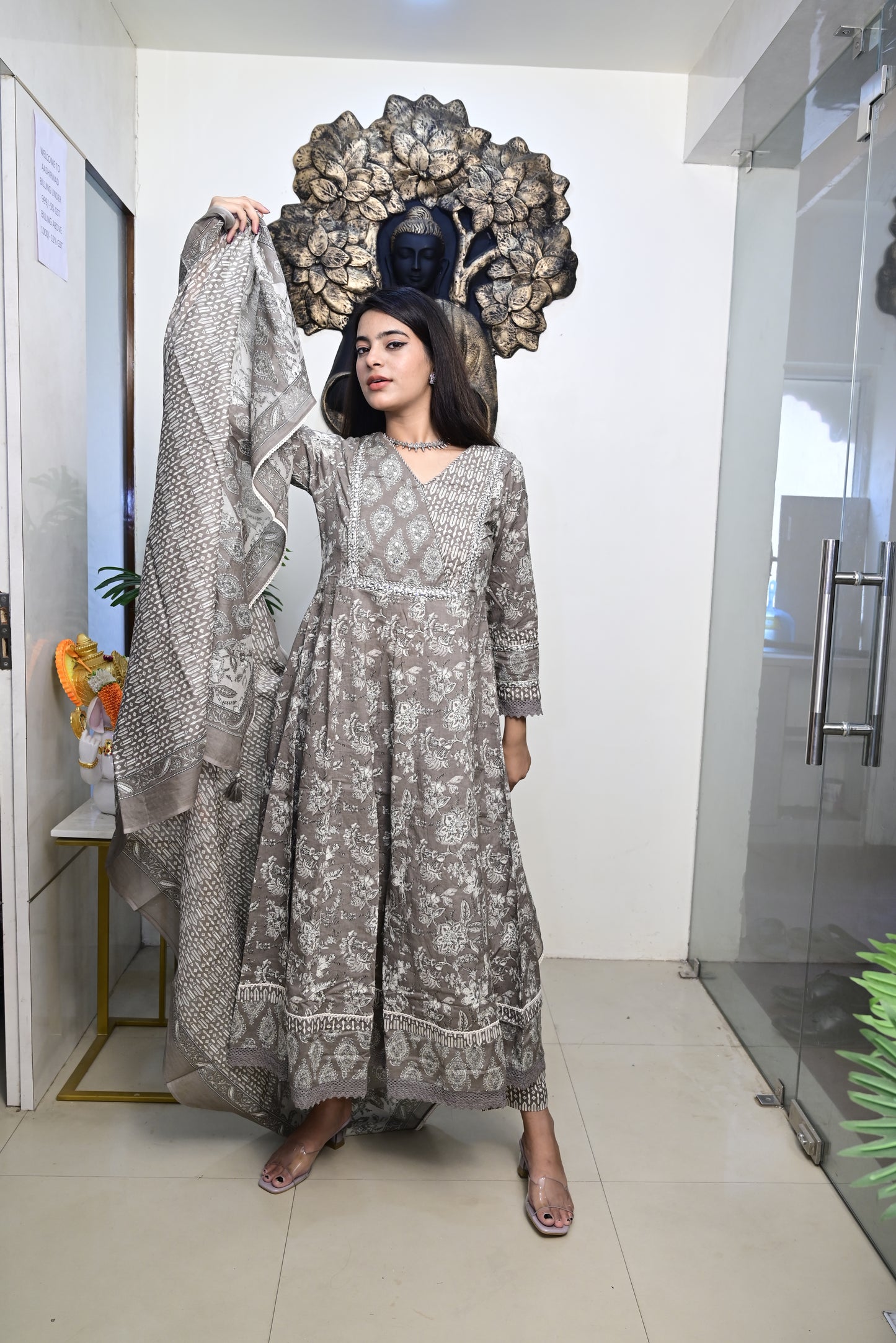Grey Anarkali Frock With Cotton Pent & Dupatta Set