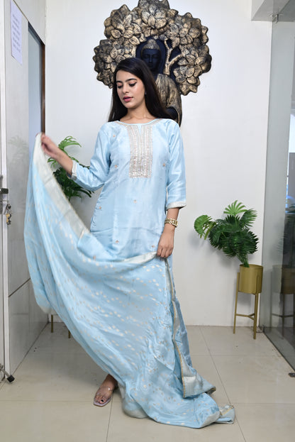 sky blue Kurti With pant and Dupatta