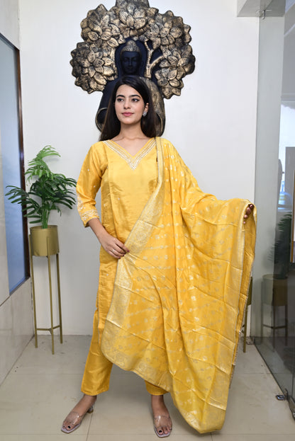 yellow  kurti pant dupatta set