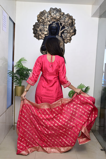 rani pink shade  kurti pant dupatta set