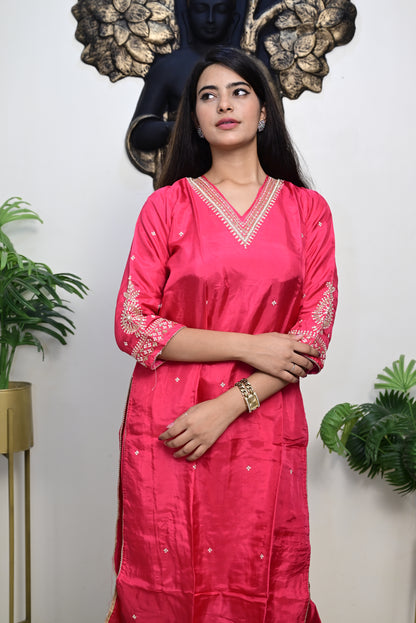 rani pink shade  kurti pant dupatta set