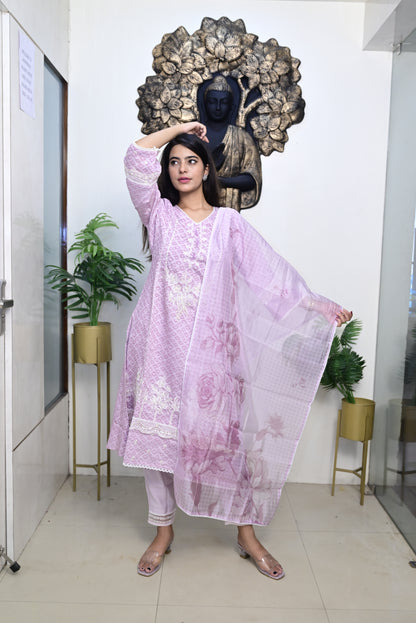 Lilac colour Kurti pant dupatta set
