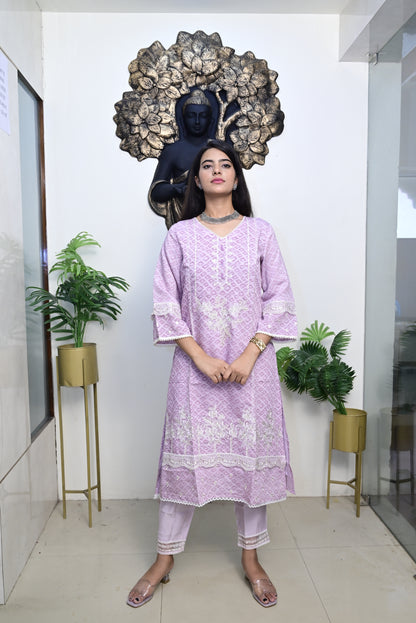 Lilac colour Kurti pant dupatta set