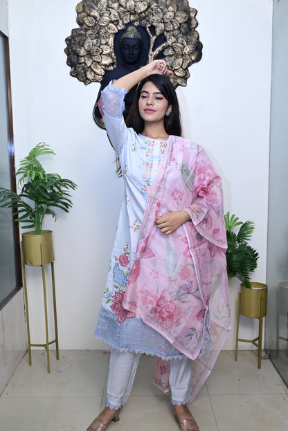 Sky Blue Kurti pant dupatta set