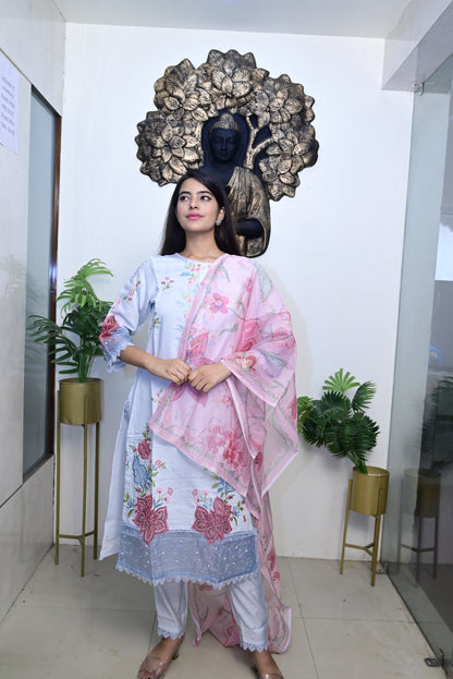 Sky Blue Kurti pant dupatta set