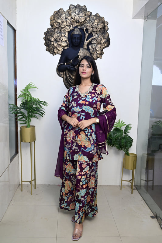 Purple Kurti with Palazzo and Dupatta
