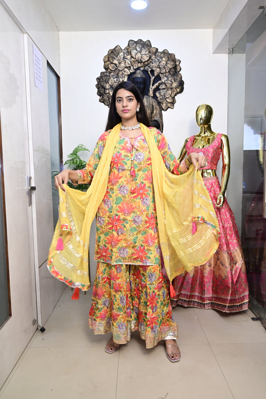 Yellow Kurti With Shrara With Chiffon Dupptta