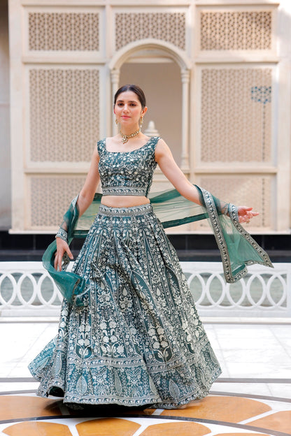Bottle Green Crop Top Lehanga Set