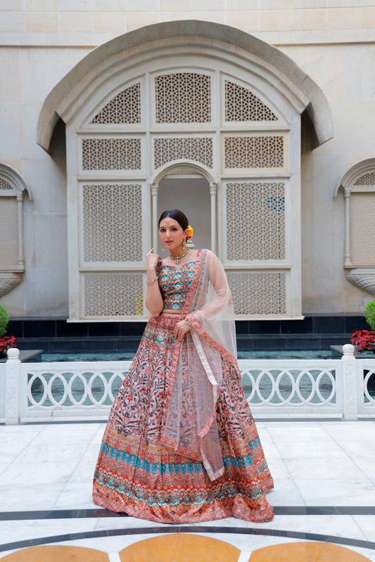 Brown Multicolor Crop Top Lehanga Set
