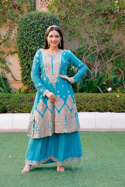 Blue Anarkali with Palazzo & Dupatta Set