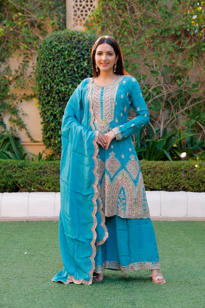Blue Anarkali with Palazzo & Dupatta Set