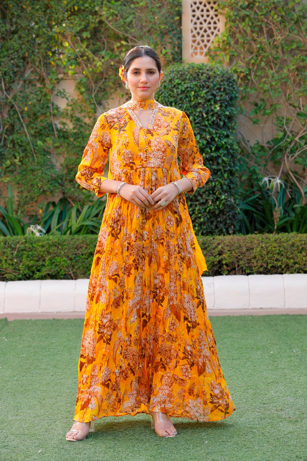 Yellow Floral Printed Long Dress