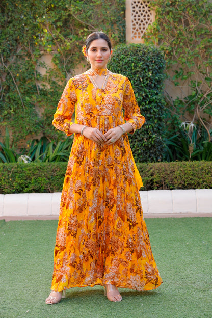 Yellow Floral Printed Long Dress