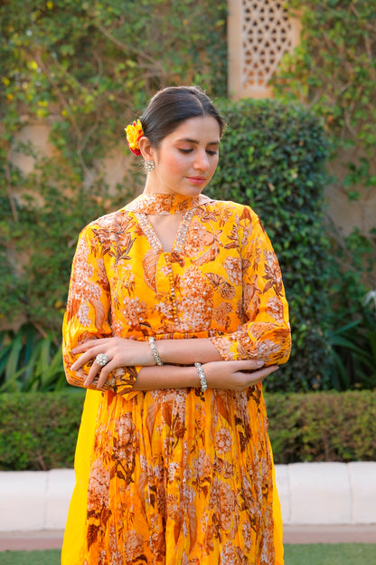 Yellow Floral Printed Long Dress
