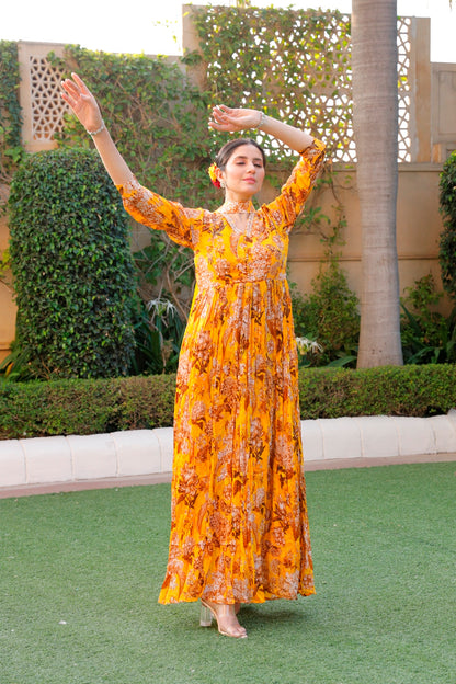 Yellow Floral Printed Long Dress