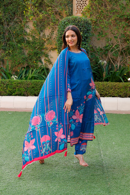 Blue Kurti, Pant & Dupatta Set