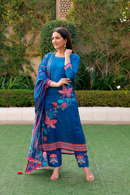 Blue Kurti, Pant & Dupatta Set