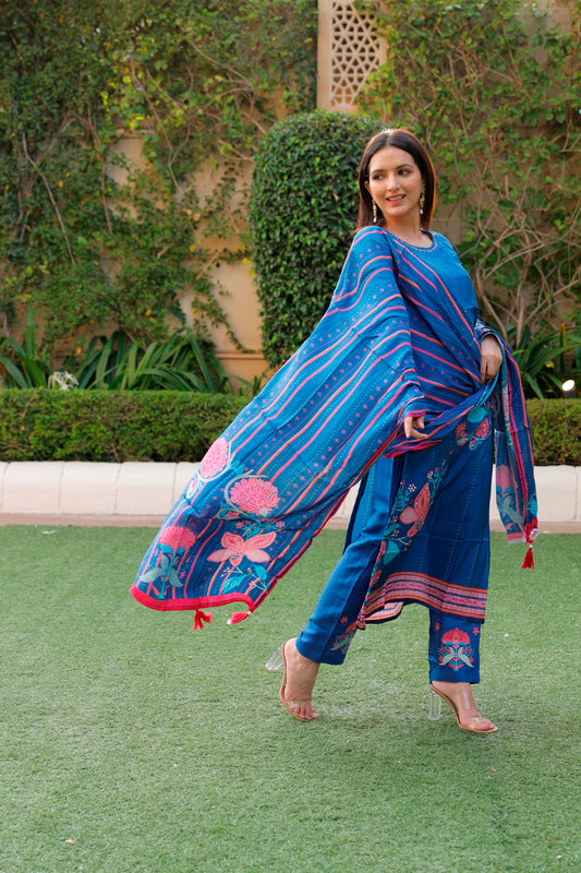 Blue Kurti, Pant & Dupatta Set