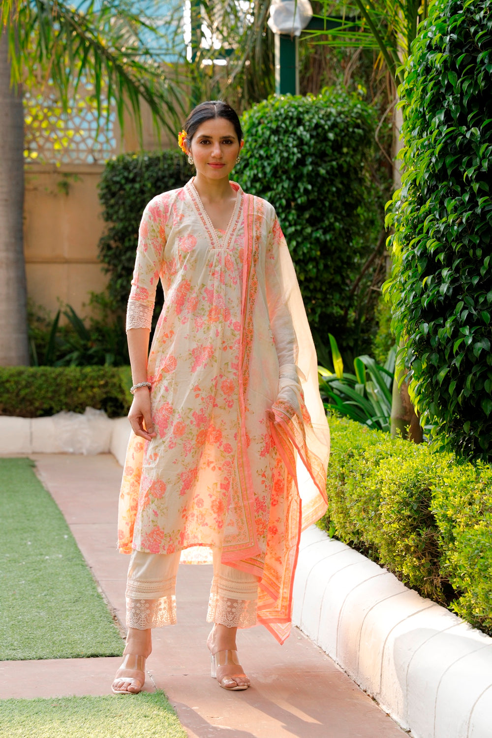 Pink Floral Kurti, Pant & Dupatta Set