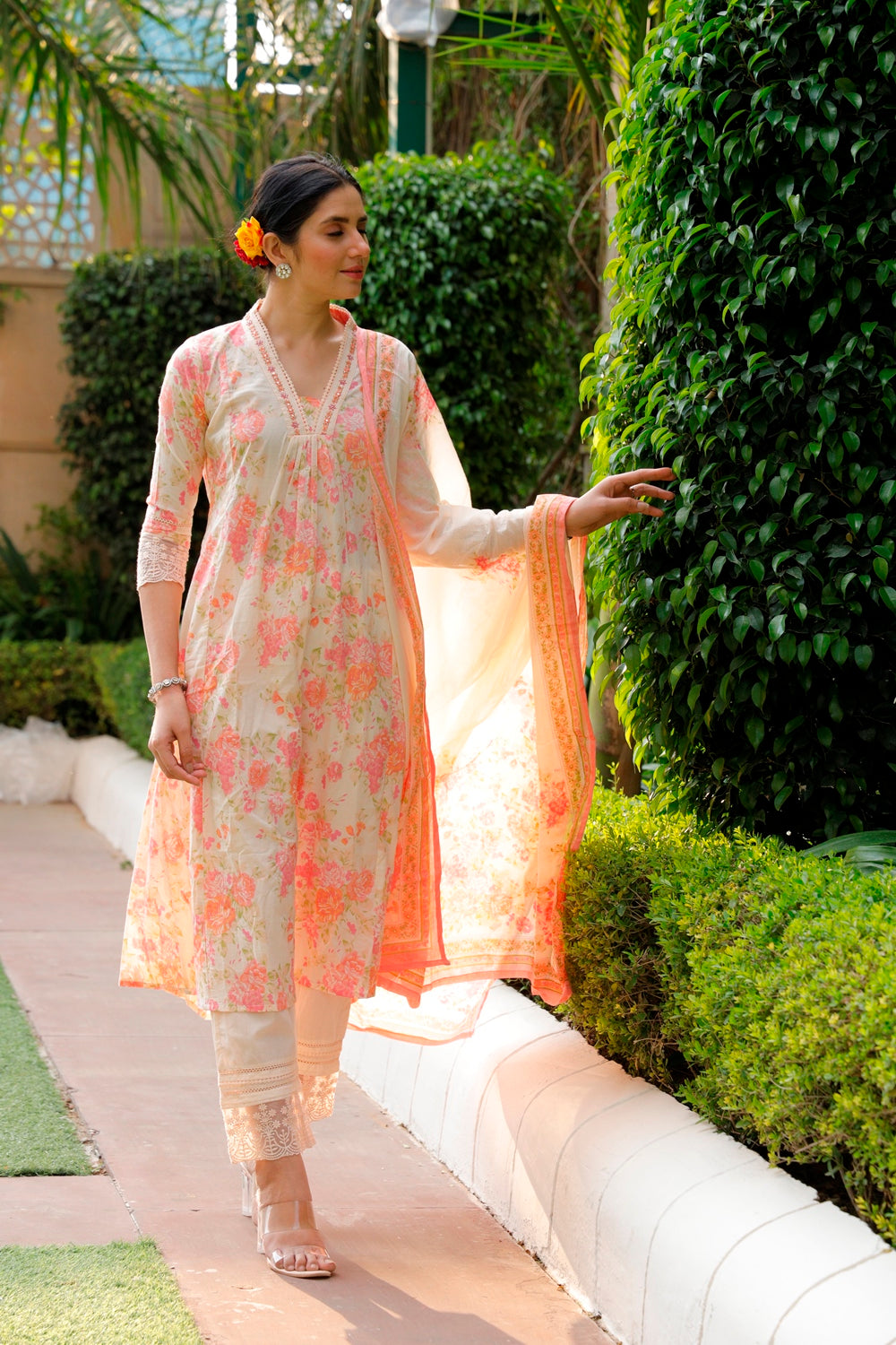 Pink Floral Kurti, Pant & Dupatta Set