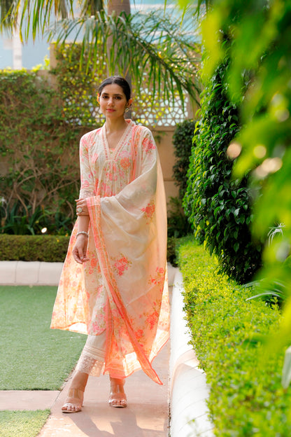 Pink Floral Kurti, Pant & Dupatta Set