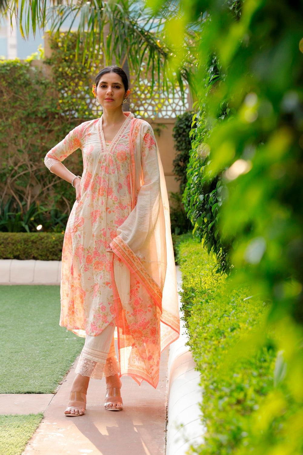 Pink Floral Kurti, Pant & Dupatta Set