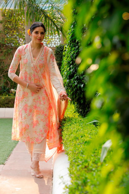 Pink Floral Kurti, Pant & Dupatta Set