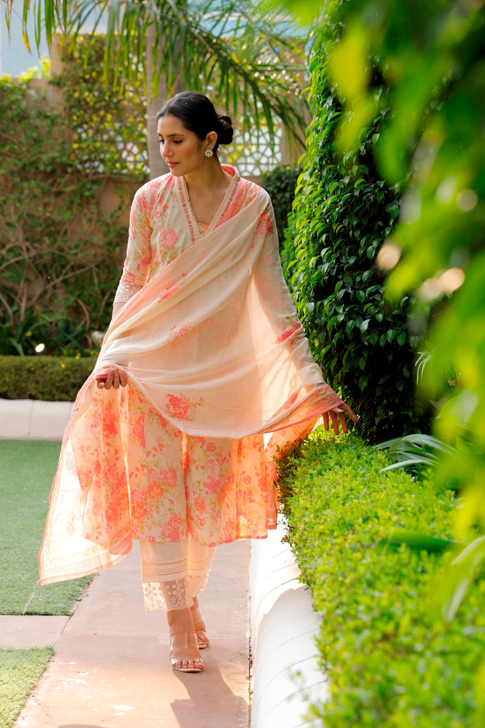 Pink Floral Kurti, Pant & Dupatta Set