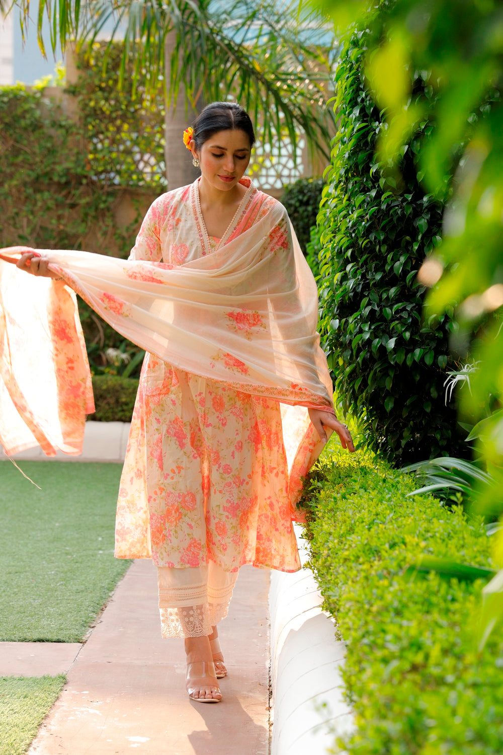 Pink Floral Kurti, Pant & Dupatta Set