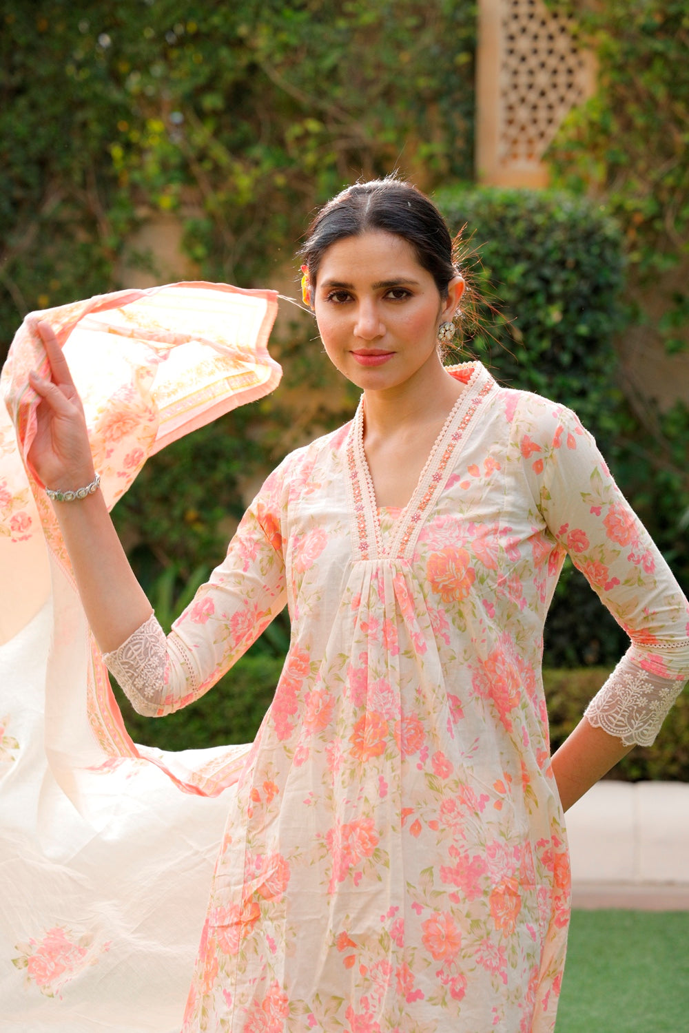 Pink Floral Kurti, Pant & Dupatta Set