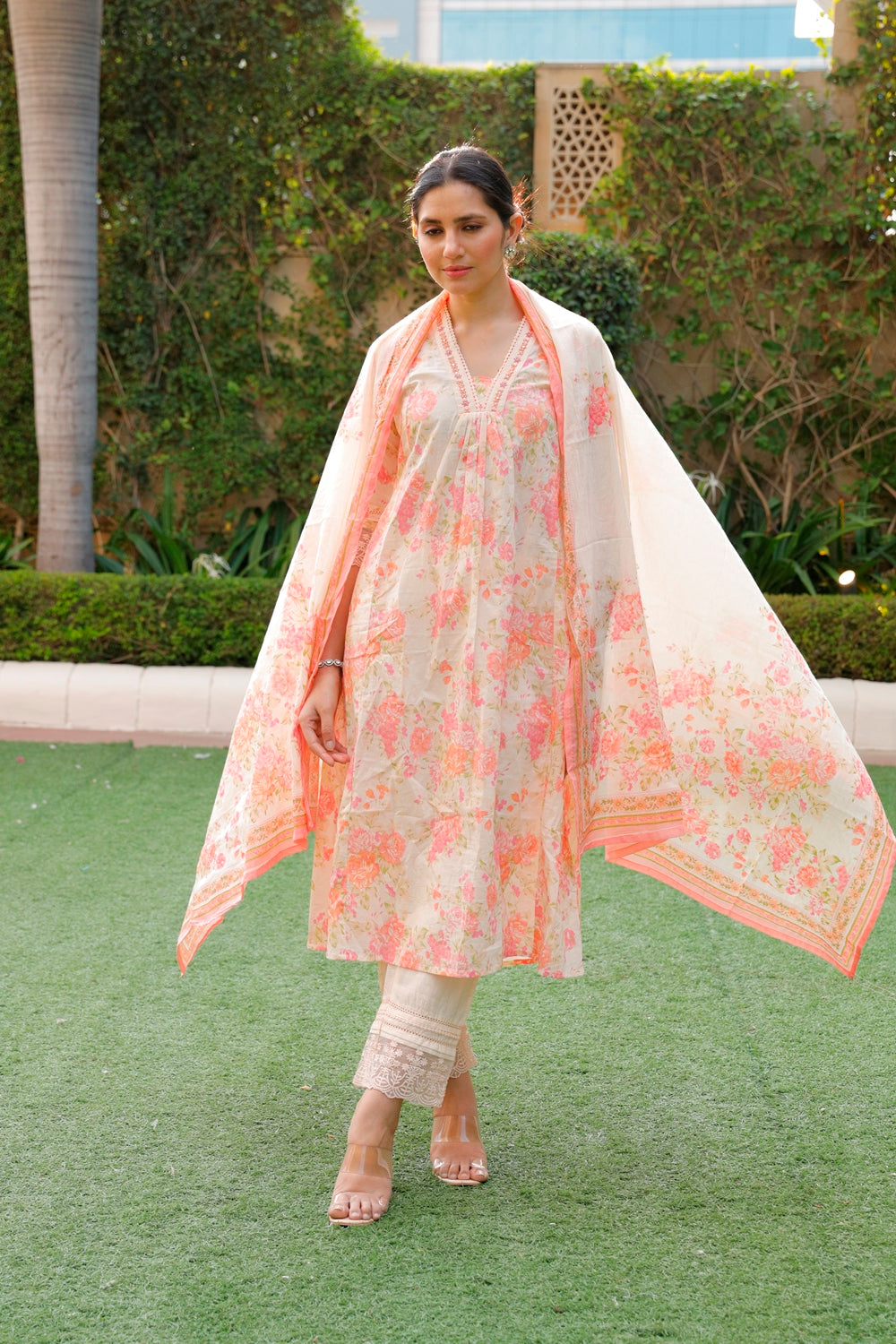 Pink Floral Kurti, Pant & Dupatta Set