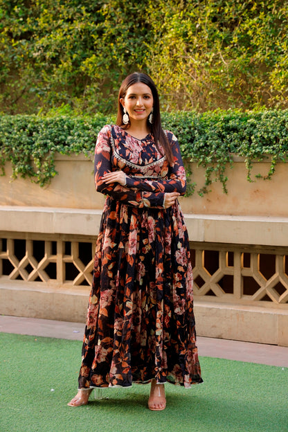 Black Floral Printed Long Dress