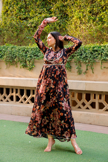 Black Floral Printed Long Dress