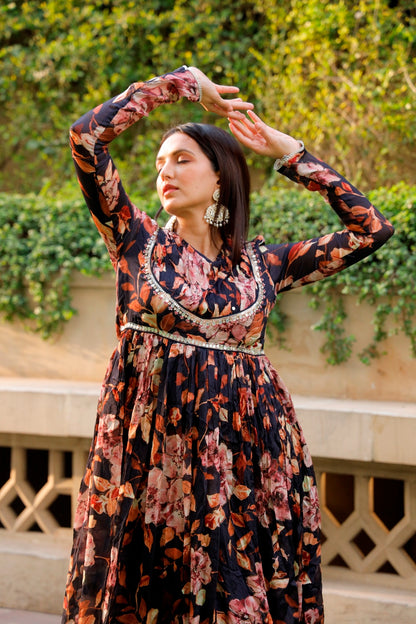 Black Floral Printed Long Dress