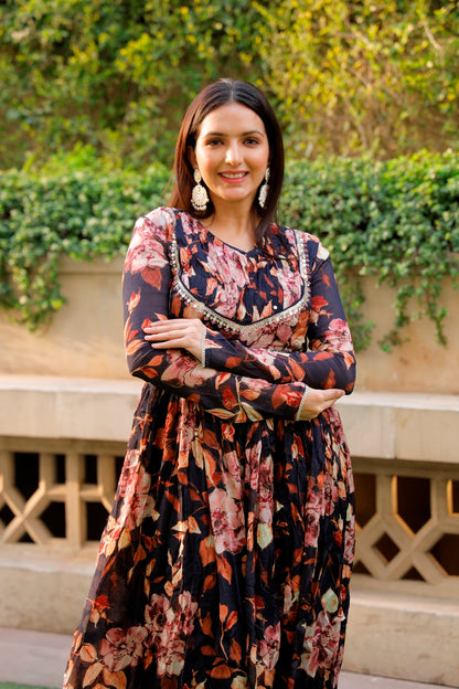 Black Floral Printed Long Dress
