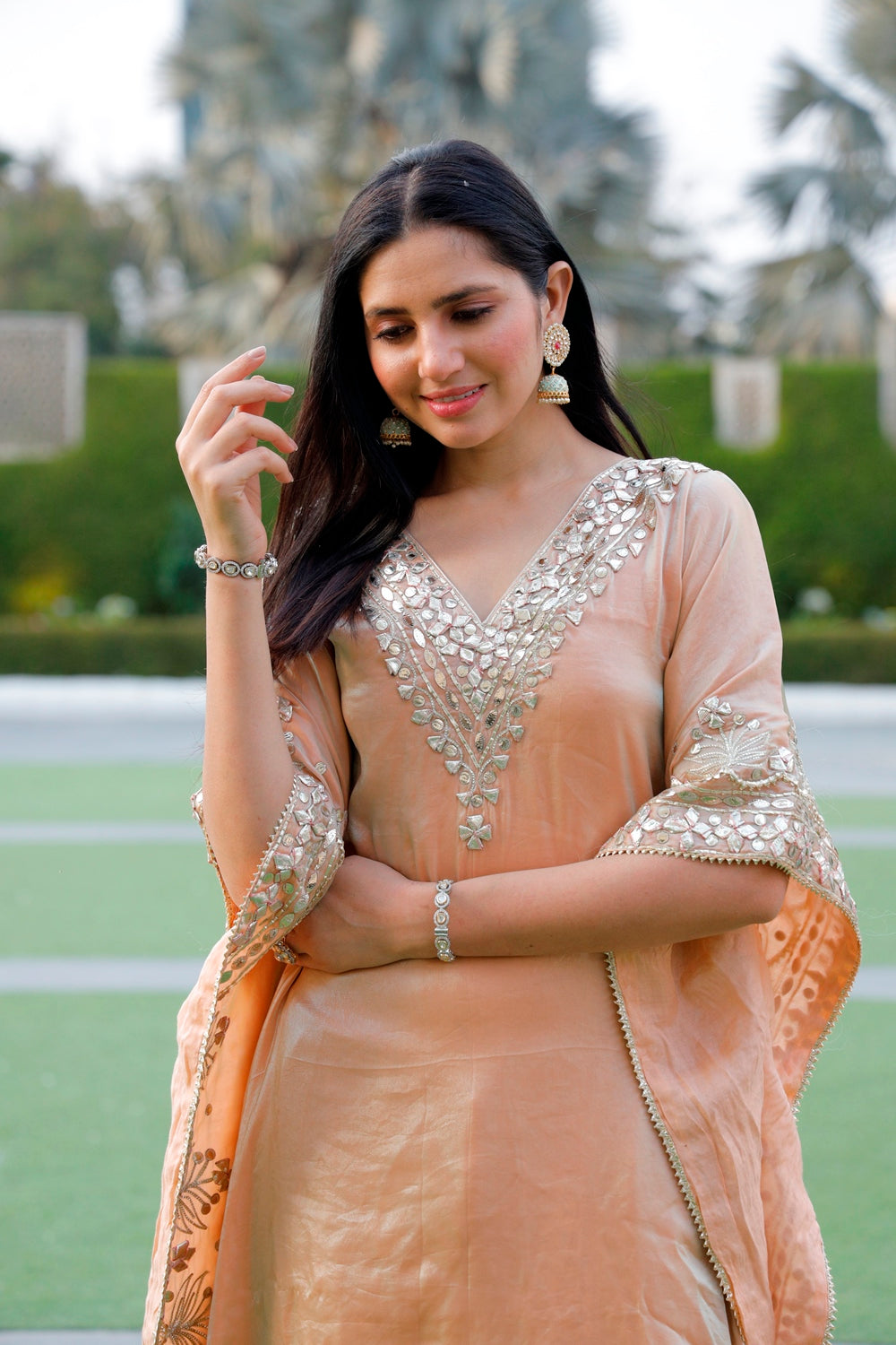 Beige Gota Patti Kaftan & Pant Set