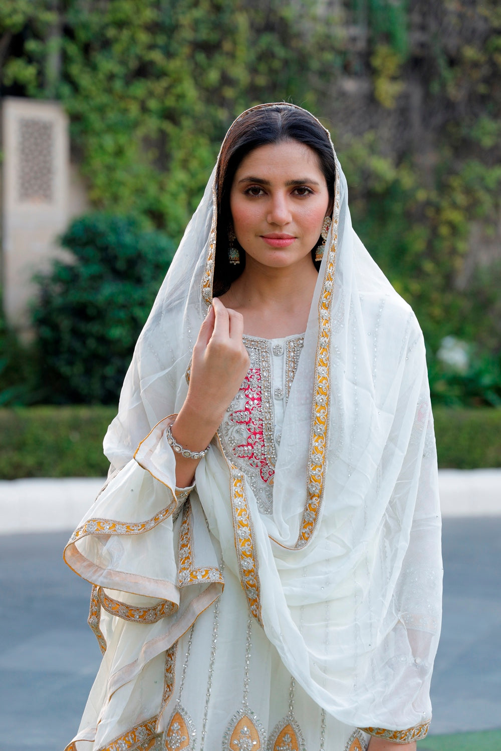 White Anarkali with Palazzo & Dupatta Set