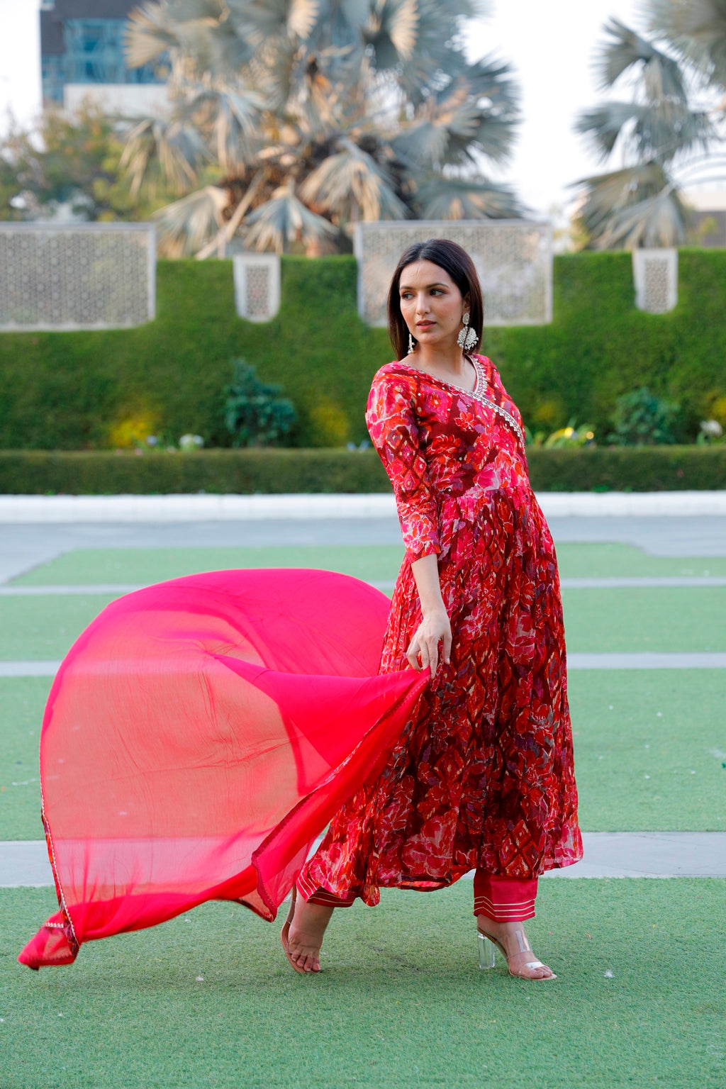 Maroon Floral Printed Long Dress