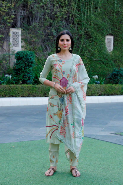 Green Muslin Kurti, Pant & Dupatta Set